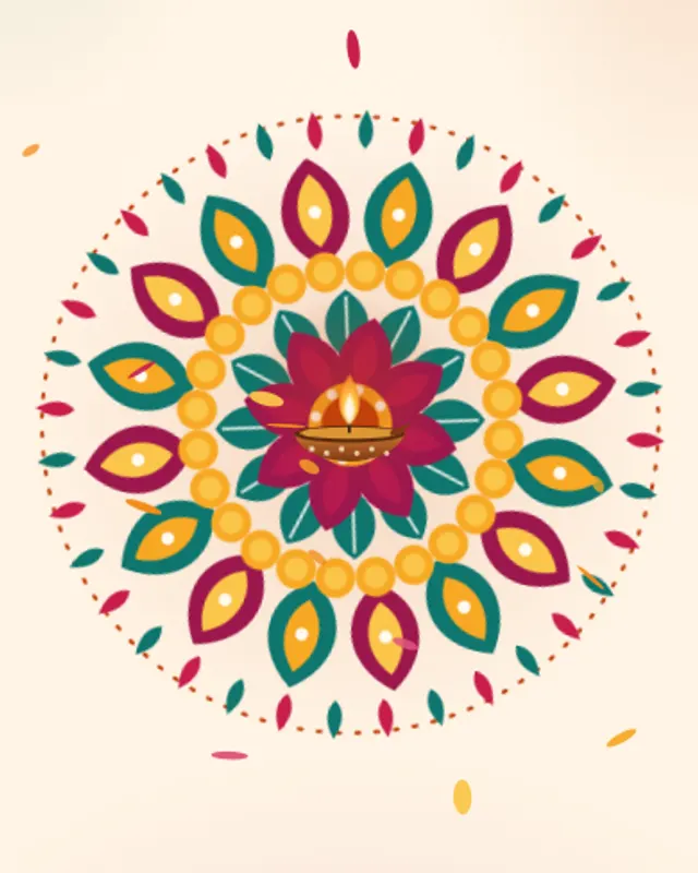 Rangoli Bloom: A rangoli that blooms ring by ring around a diya, under a shower of marigold petals